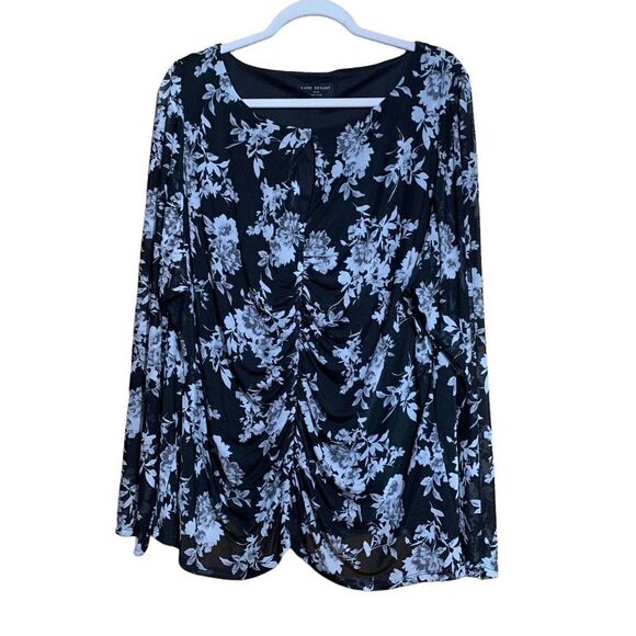 Lane Bryant Plus Size 26 28 Multicolor Floral Print Mesh Overlay Ruched Blouse - Picture 1 of 8